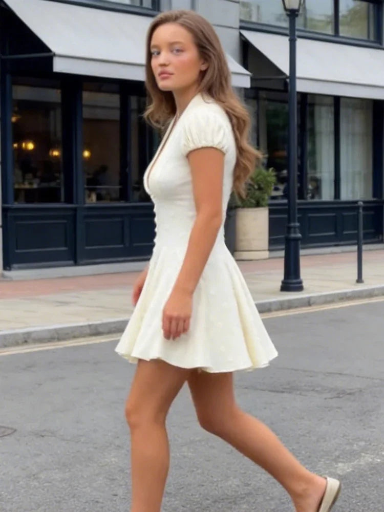 Ribbed Mini Dress – V-Neck Short Puff Sleeve Dress with Button Front, Fitted Waist and Flared A-Line Skirt for Brunch & Summer Events