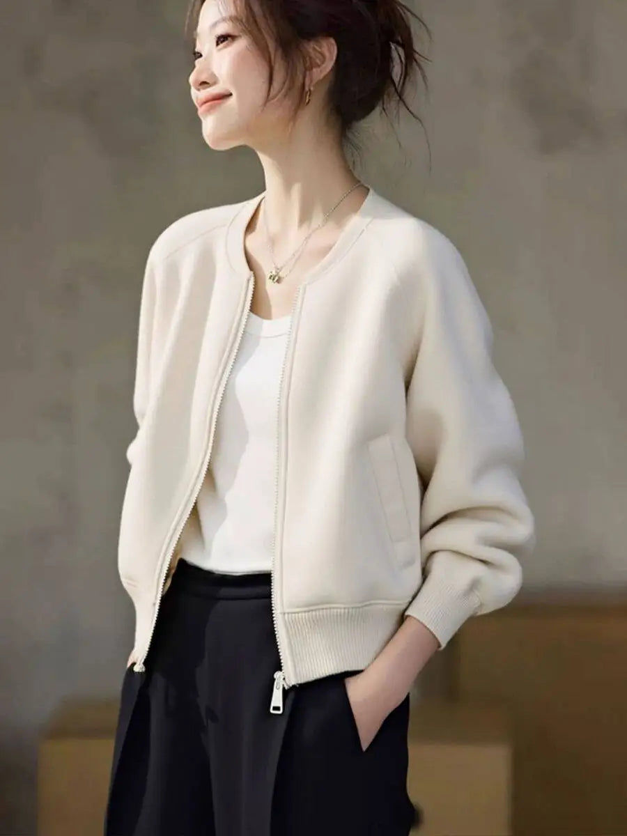 Minimalist Bomber Jacket, Zip-Up Jacket with Ribbed Trim and Relaxed Fit, Chic Casual Layering Outerwear for Fall