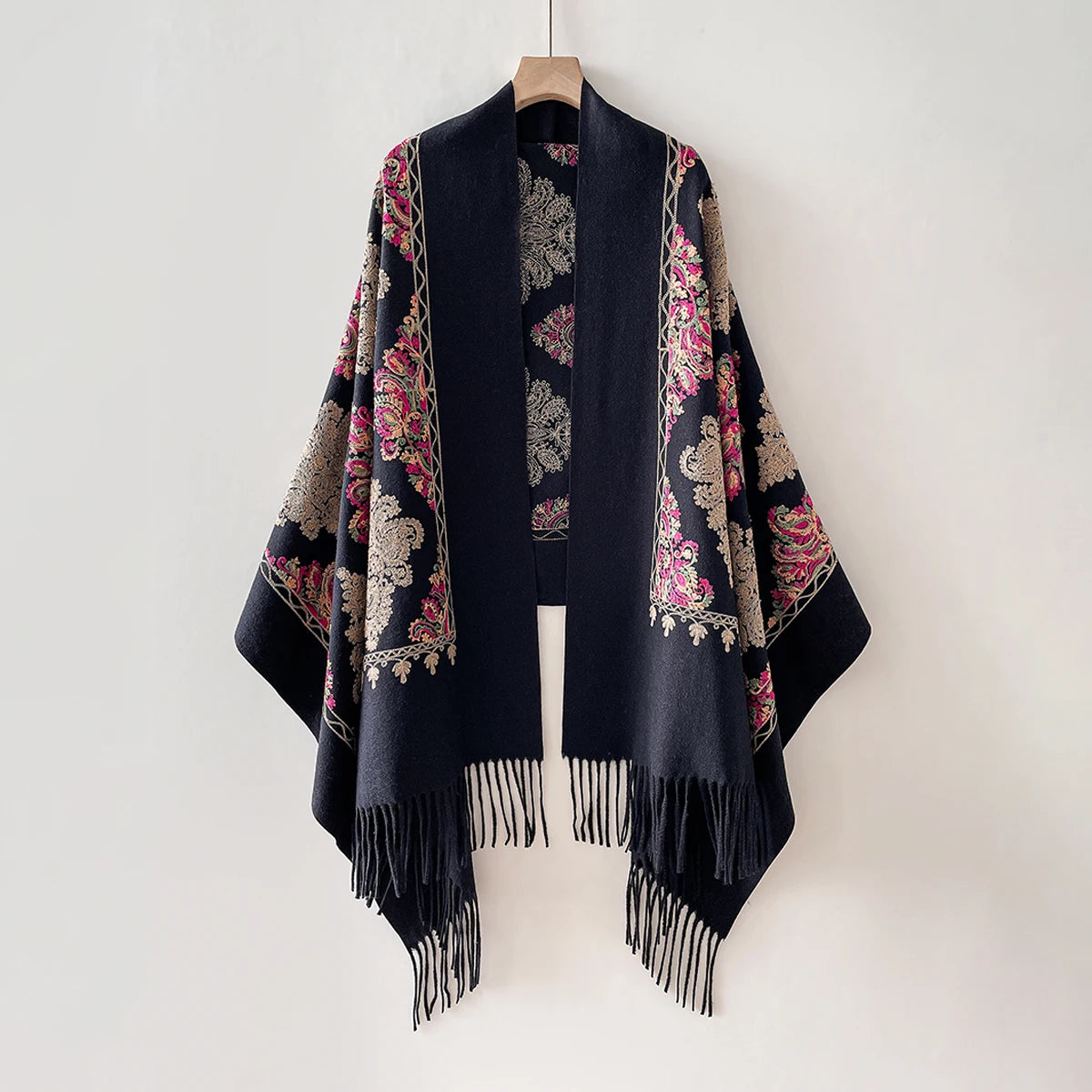 Women's Floral Print Kimono Shawl, Open Front Wrap with Fringed Hem, Elegant Embroidered Look Poncho for Women