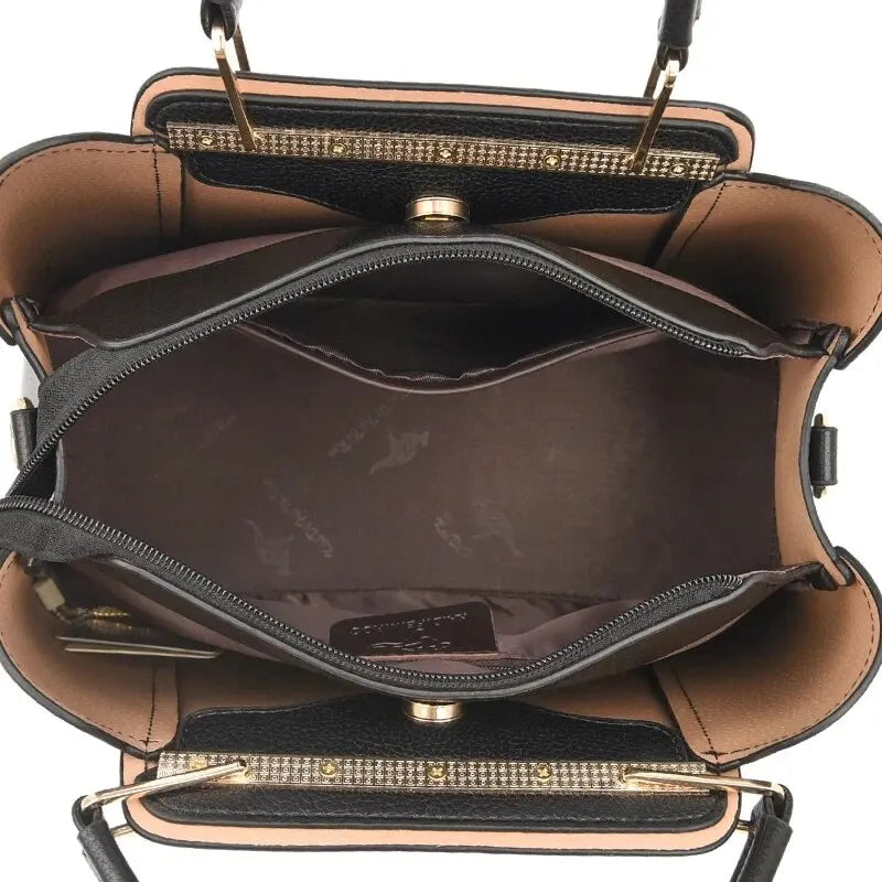Black Tote Handbag, Elegant Faux Leather Shoulder Bag, Structured Work Purse with Top Handles, Adjustable Crossbody Strap & Charm
