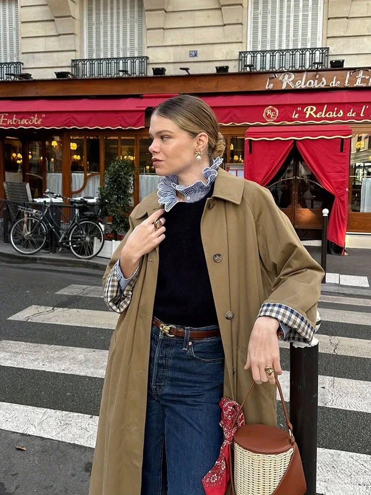 Long Trench Coat with Checkered Lining, Classic Belted Overcoat with Double-Breasted Front, Tailored Fall Outerwear