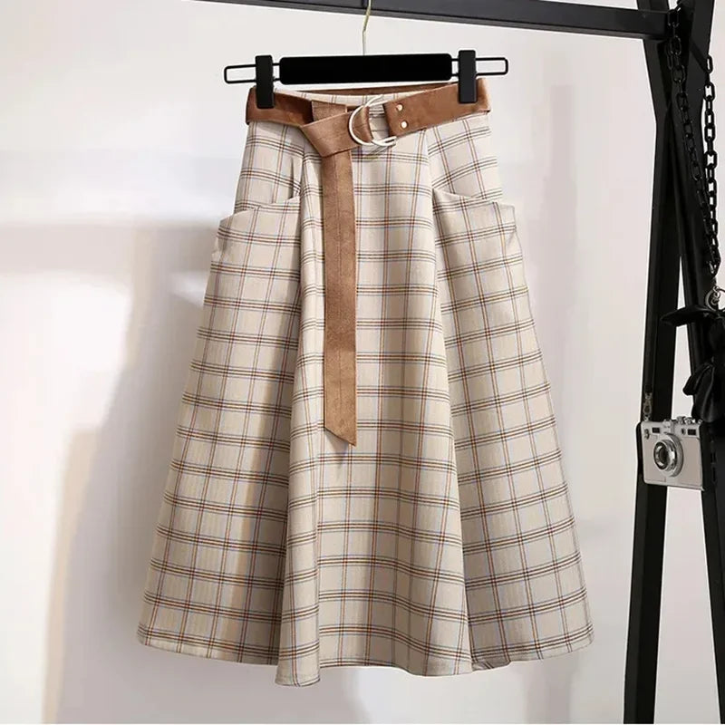 High Waisted Plaid A Line Midi Skirt Pleated Tartan Skirt Belted Flared Skirt Preppy Vintage Inspired Casual Wear