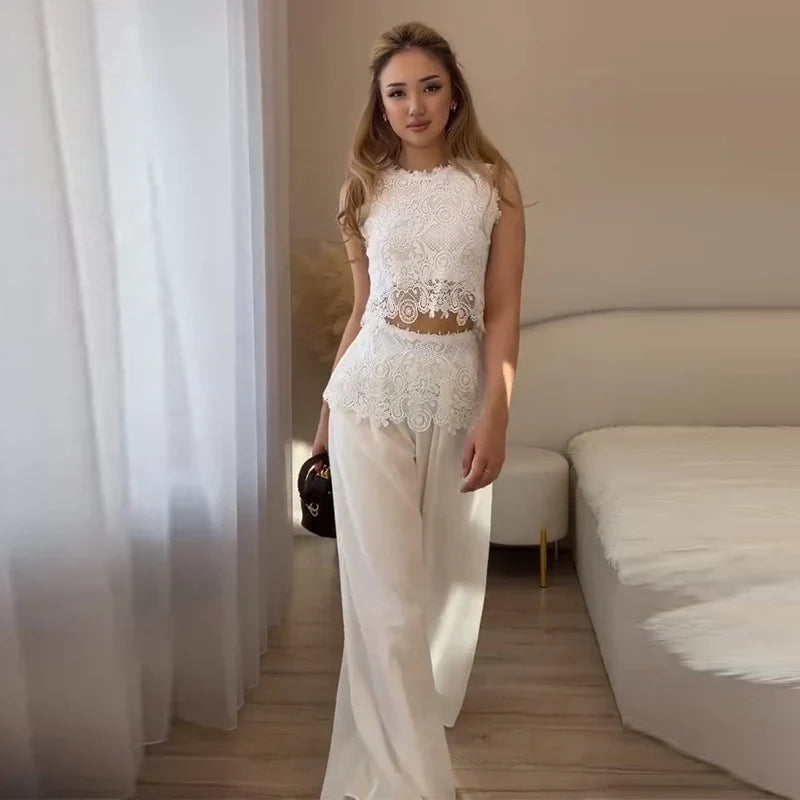 Lace High Neck Top & Wide Leg Pants Co-Ord Set | Sleeveless Two Piece Outfit with Scalloped Detail | Elegant Party & Occasion Wear Matching Set