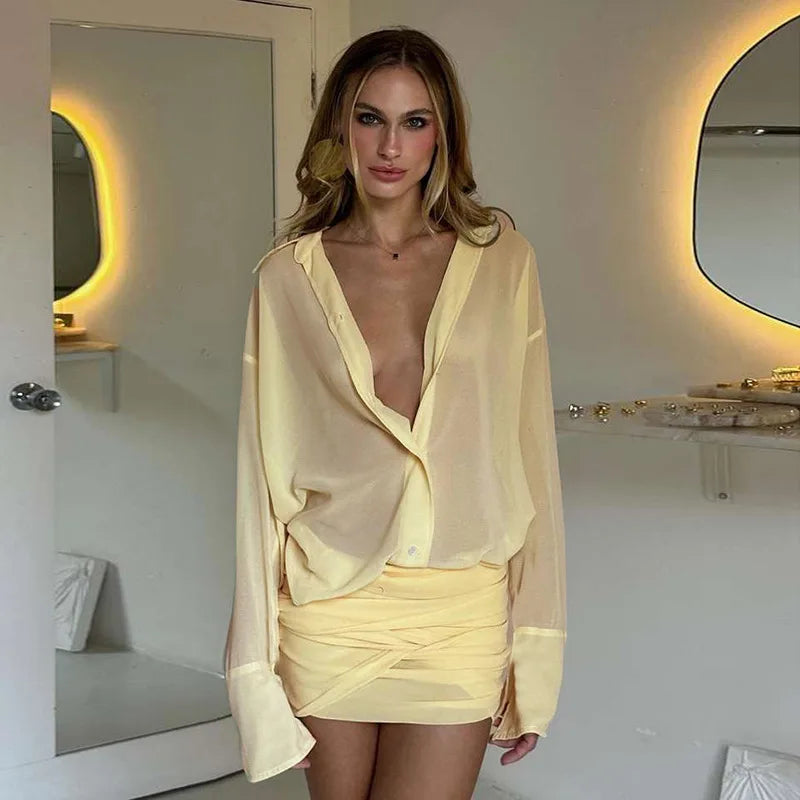 Satin Mini Skirt Set – Long Sleeve Button Down Top with Draped Wrap Skirt and Relaxed Silhouette for Vacations & Evening Outings