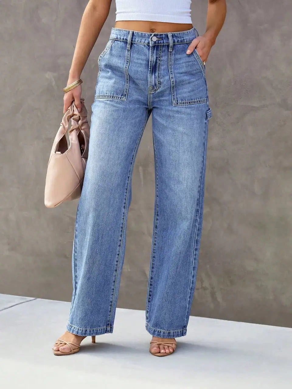 High Waisted Straight Leg Jeans Classic Denim Pants Relaxed Fit Full Length Casual Everyday Streetwear Trousers