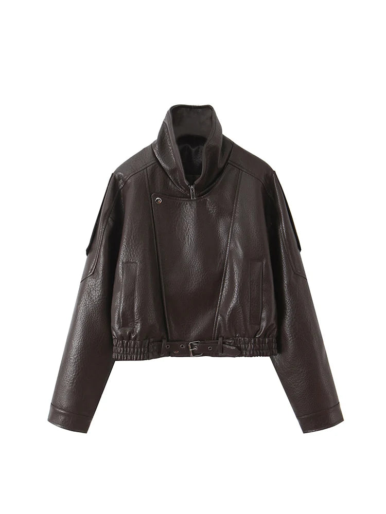 Faux Leather Biker Jacket, Cropped Belted Moto Jacket with Wide Lapels and Silver Hardware, Edgy Casual Streetwear Outerwear
