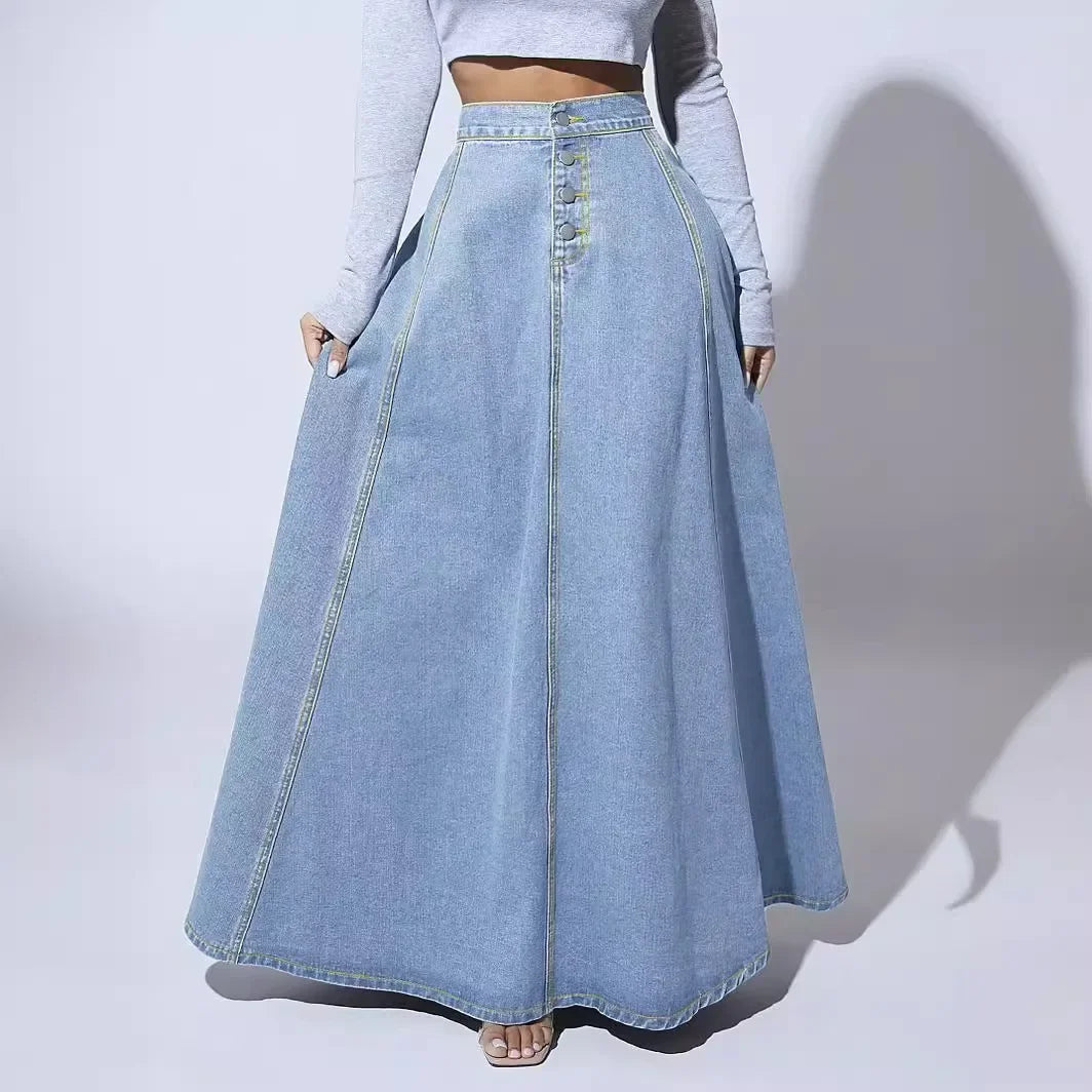 High Waisted Denim Maxi Skirt A Line Long Jean Skirt Flared Full Length Panelled Casual Streetwear Vintage Inspired