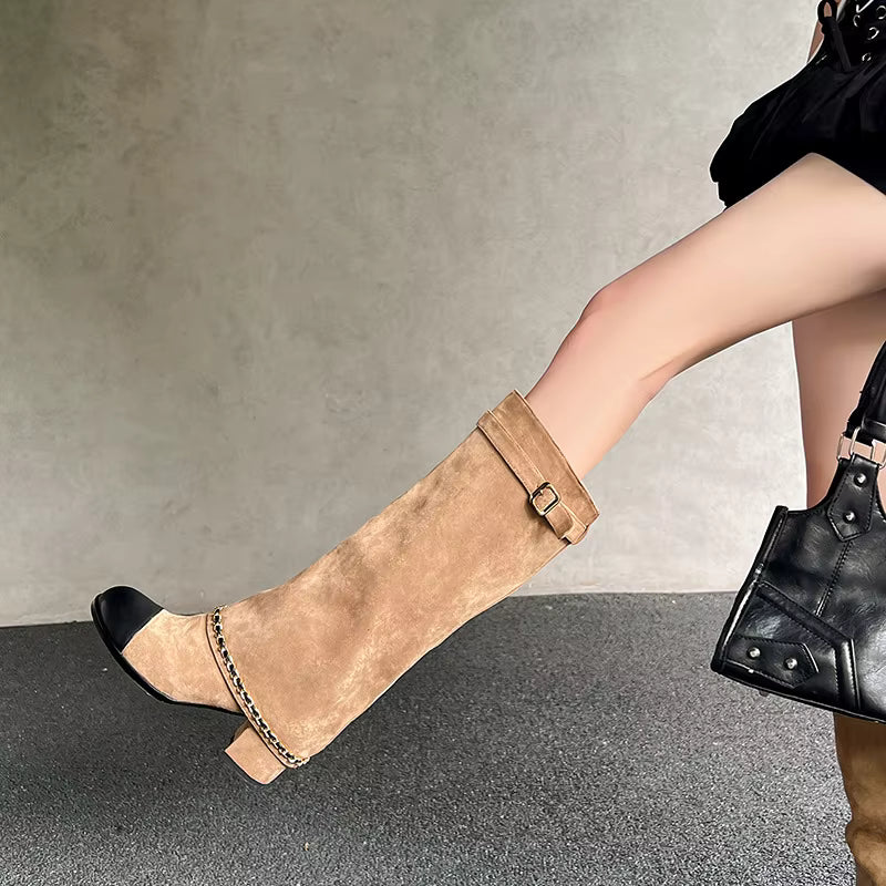 Knee High Suede Boots | Buckle Strap Block Heel Boots | Chain Detail Tall Fashion Booties