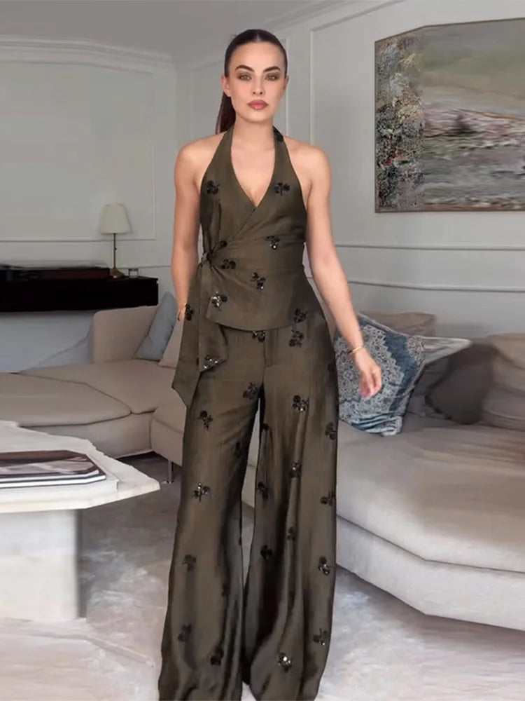 Sleeveless Tailored Vest & Wide Leg Pants Co-Ord Set | Embroidered Two Piece Outfit | Elegant Casual Vacation & Resort Matching Set