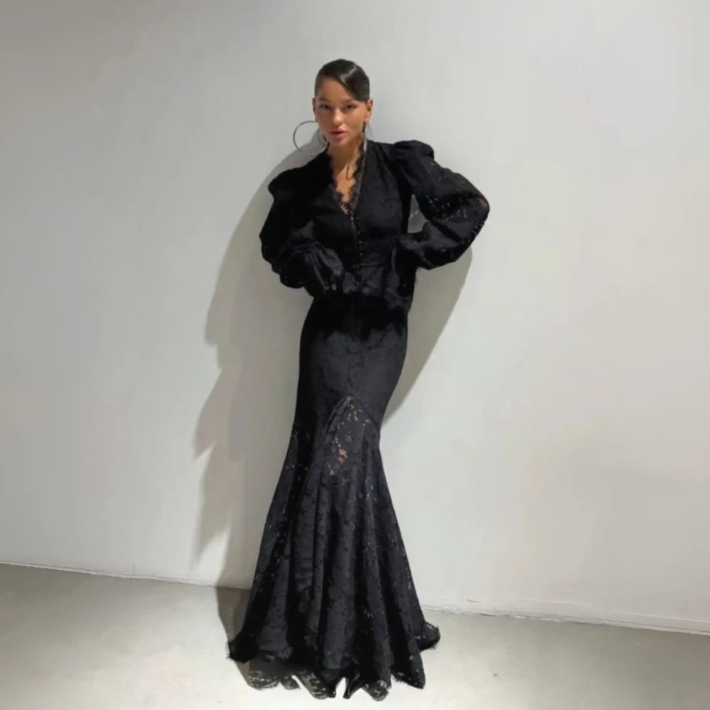 Lace Blouse & Wide Leg Pants Co-Ord Set | Long Sleeve Two Piece Outfit with Floral Lace Detail | Elegant Evening & Party Wear