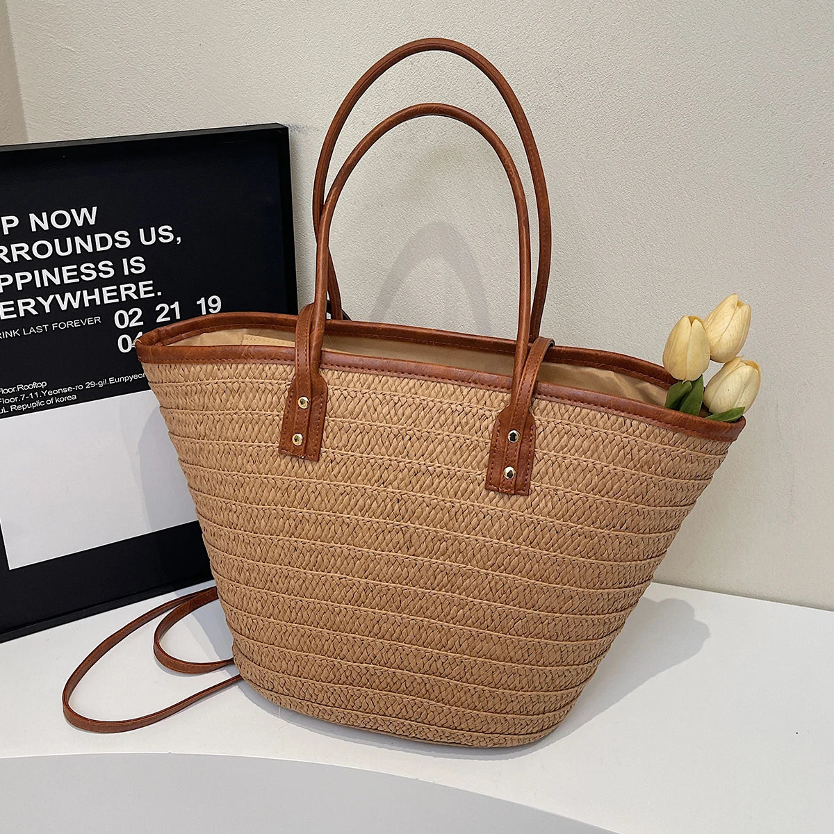 Straw Tote Bag, Woven Beach Handbag with Genuine Leather Accents, Large Summer Shoulder Bag with Long Handles & Crossbody Strap
