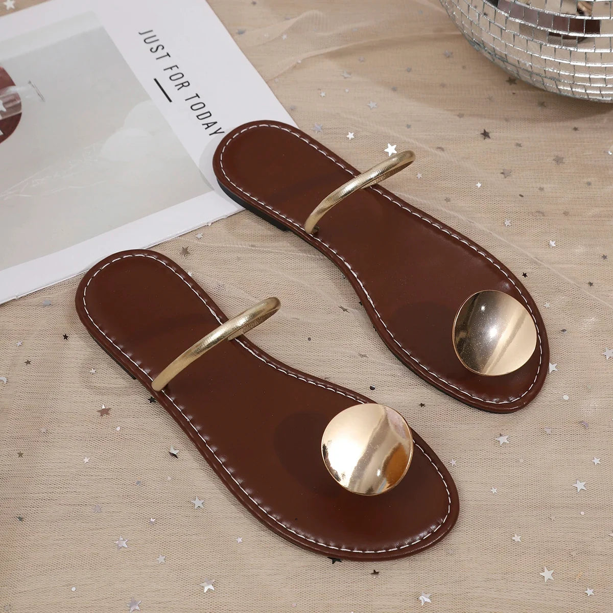 Metallic Toe Ring Sandals | Minimalist Flat Slingback Shoes | Elegant Summer Casual Sandals