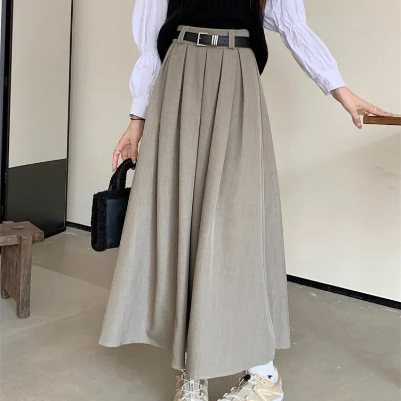 High Waisted Maxi Skirt A Line Pleated Long Flowing Skirt Belted Full Length Casual Office Workwear Minimalist