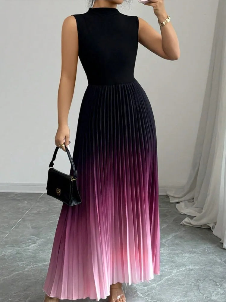 Pleated Maxi Dress – Sleeveless Fitted Bodice Dress with High Waist and Flowing Accordion Pleated Skirt for Parties & Evening Events