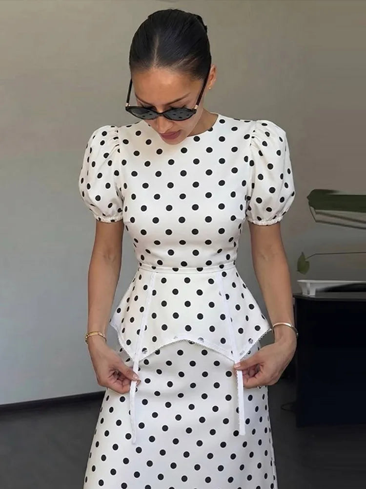 Polka Dot Midi Dress – Puff Sleeve Fit and Flare Dress with Peplum Waist Detail, Round Neck and Flared Skirt for Women