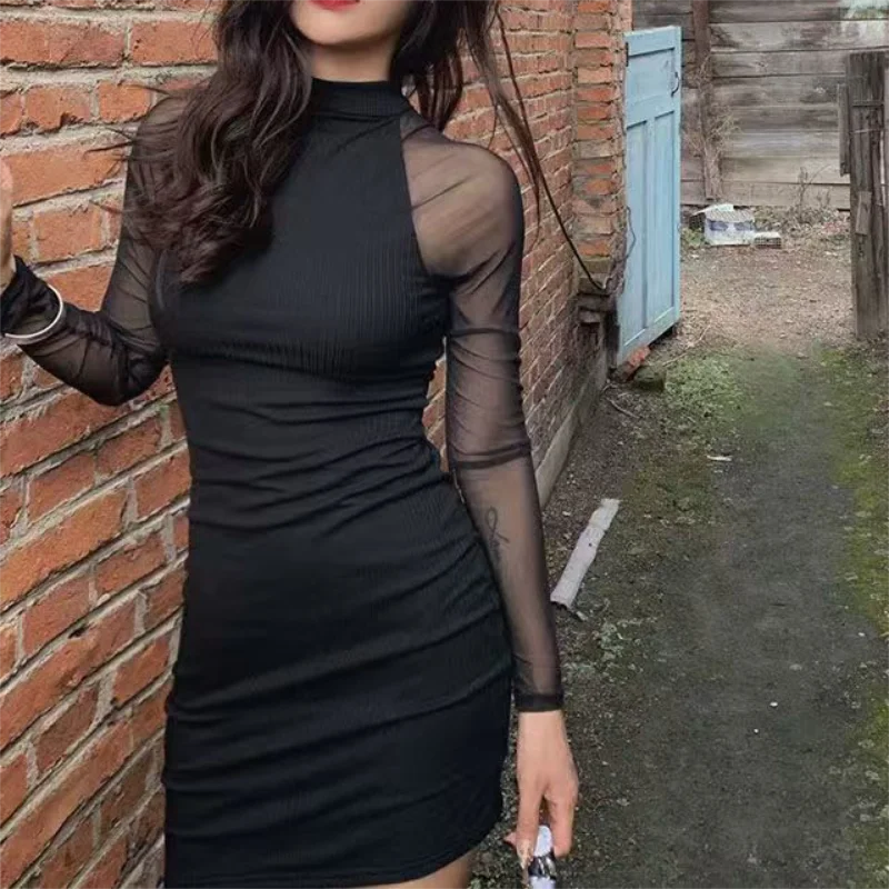 Sheer Sleeve Ruched Mini Dress – Mock Neck Bodycon Dress with Long Mesh Sleeves, Fitted Silhouette and Gathered Waist
