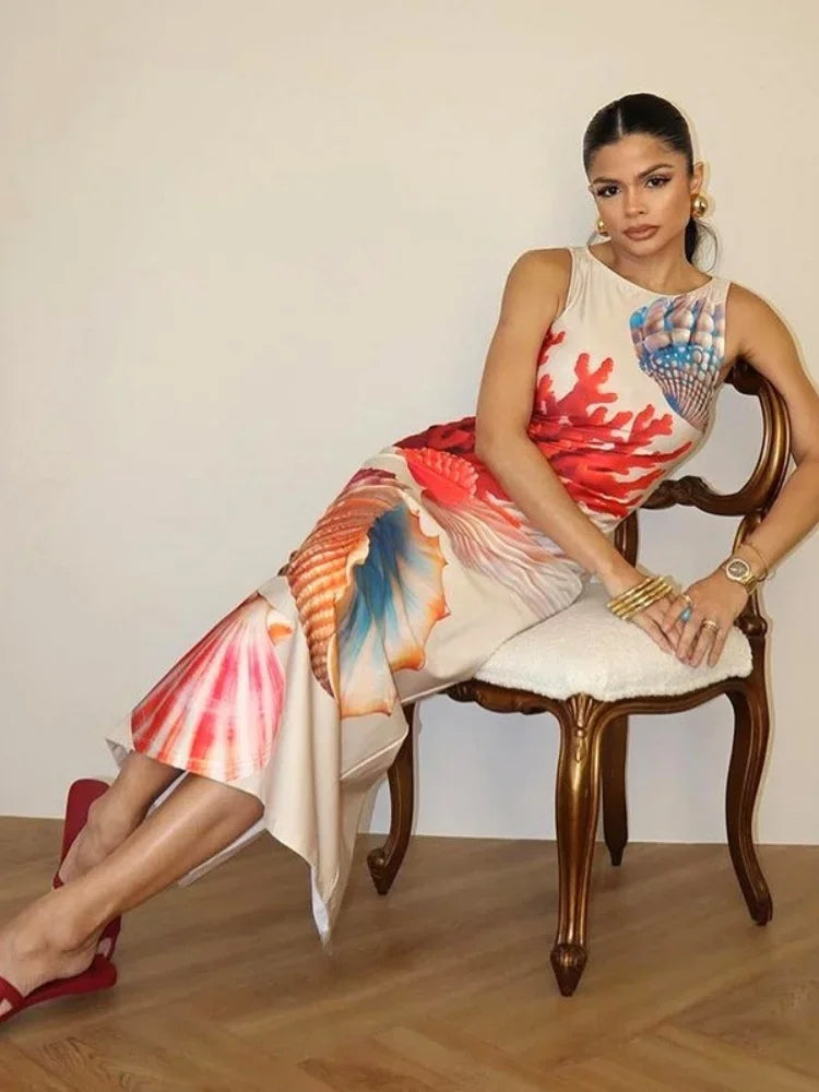 Floral Maxi Dress – Sleeveless Bodycon Dress with High Neck, Side Slit and Artistic Botanical Print for Vacations, Brunch & Summer Events