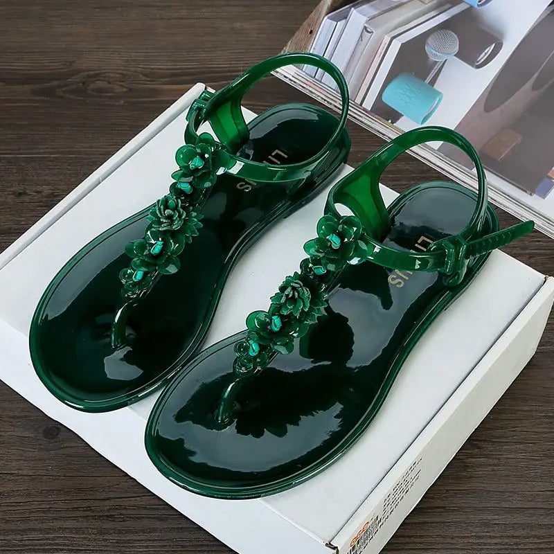 Floral Jelly Sandals | Ankle Strap Flat Sandals | Glossy Open Toe Summer Beach Shoes