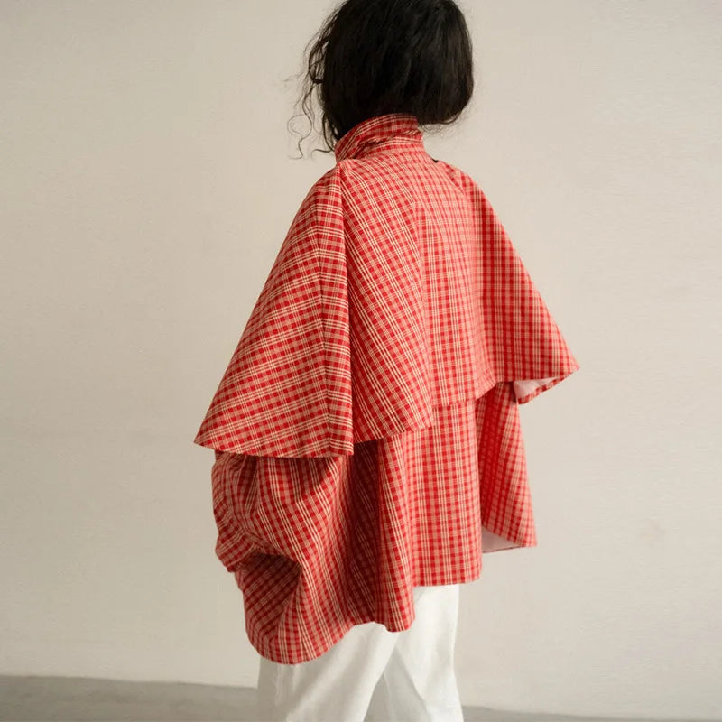 Plaid Cape Jacket, Red Checkered Hooded Jacket with Layered Flounce Yoke and Relaxed Fit, Statement Casual Outerwear