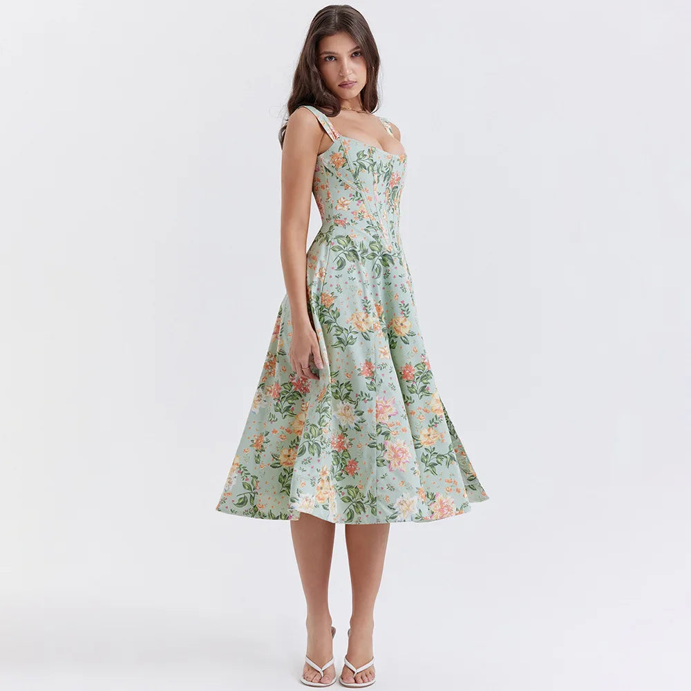 Floral Midi Dress – Spaghetti Strap A-Line Dress with Fitted Bodice, Side Slit and Romantic Floral Print for Vacations & Summer Events