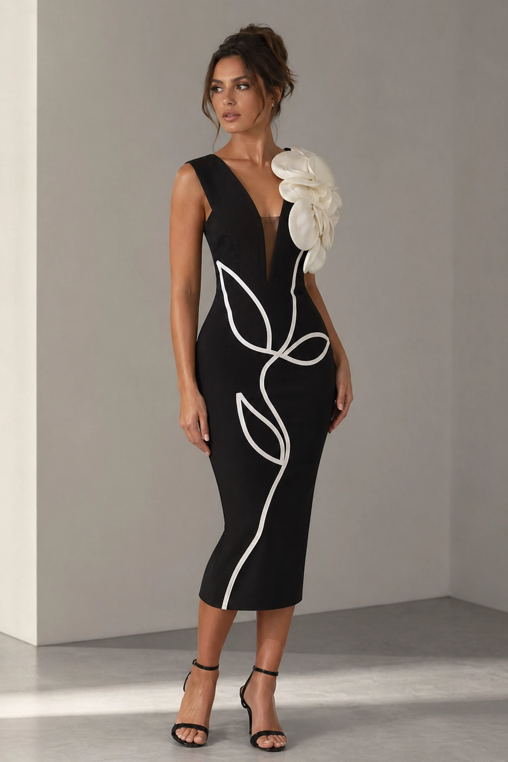 Asymmetrical Midi Dress – Sleeveless Bodycon Dress with Abstract Contrast Piping and Side Cutout Detail for Cocktail Parties & Events