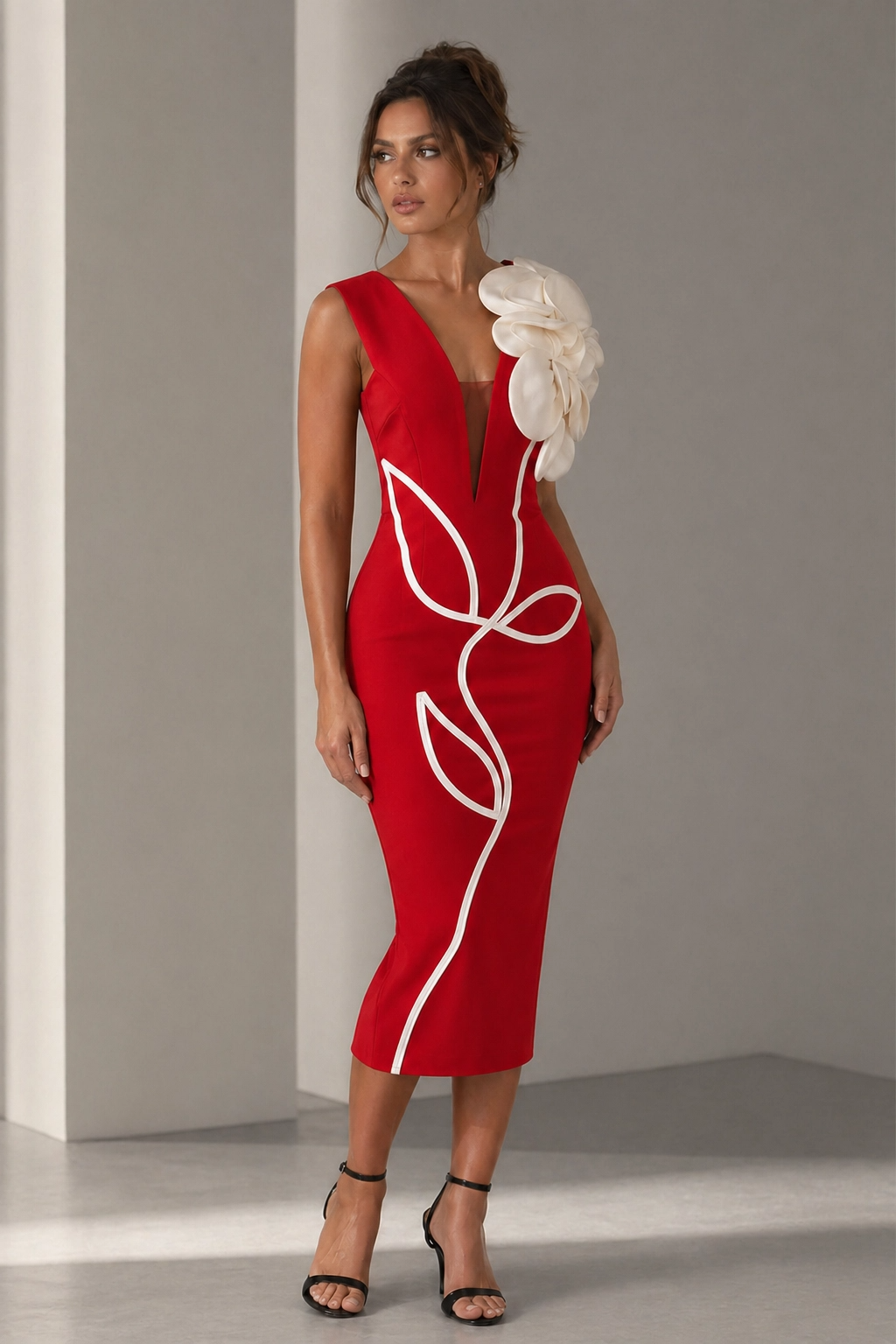Asymmetrical Midi Dress – Sleeveless Bodycon Dress with Abstract Contrast Piping and Side Cutout Detail for Cocktail Parties & Events