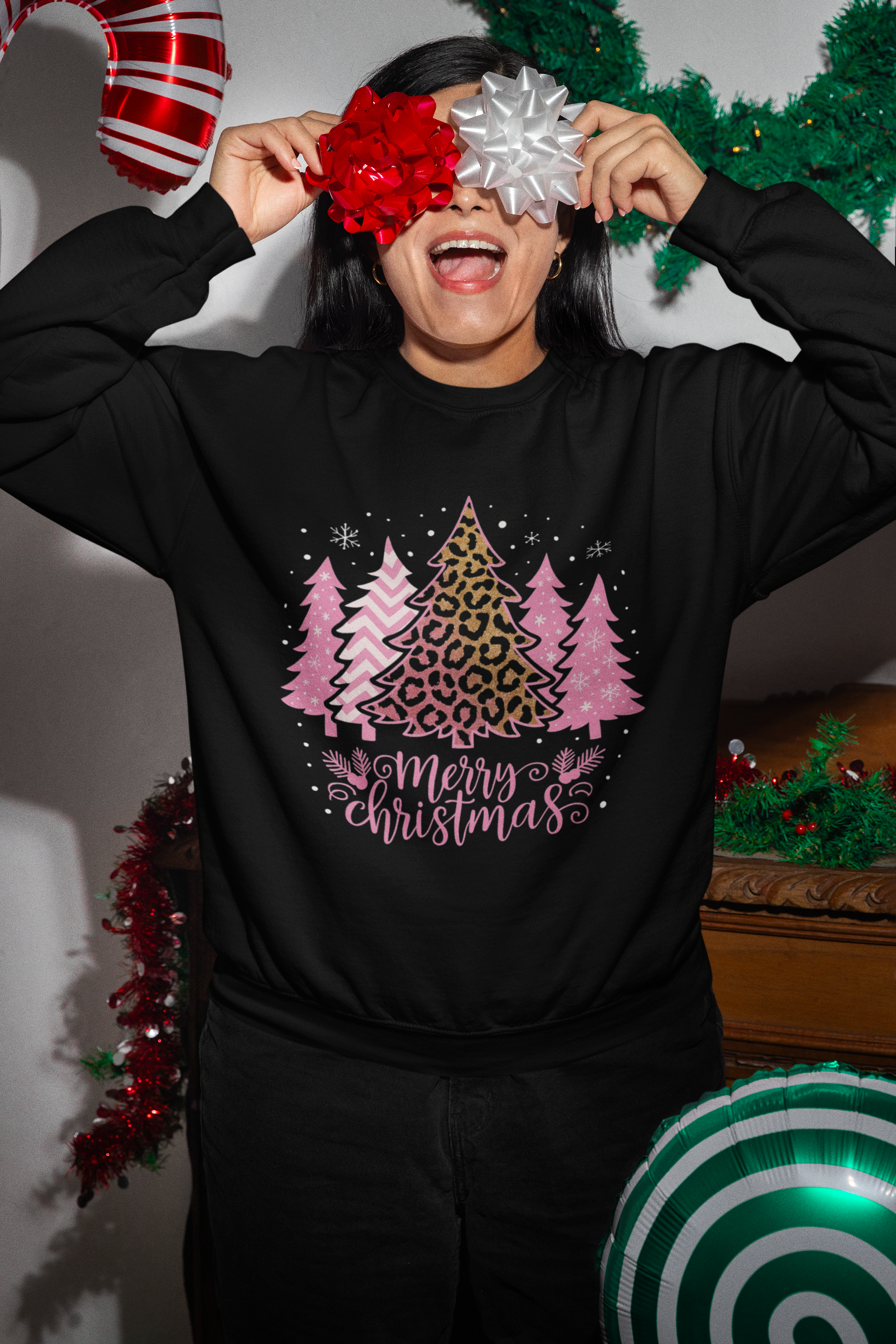 Christmas Sweatshirt — Pink Leopard Tree "Merry Christmas" Crewneck