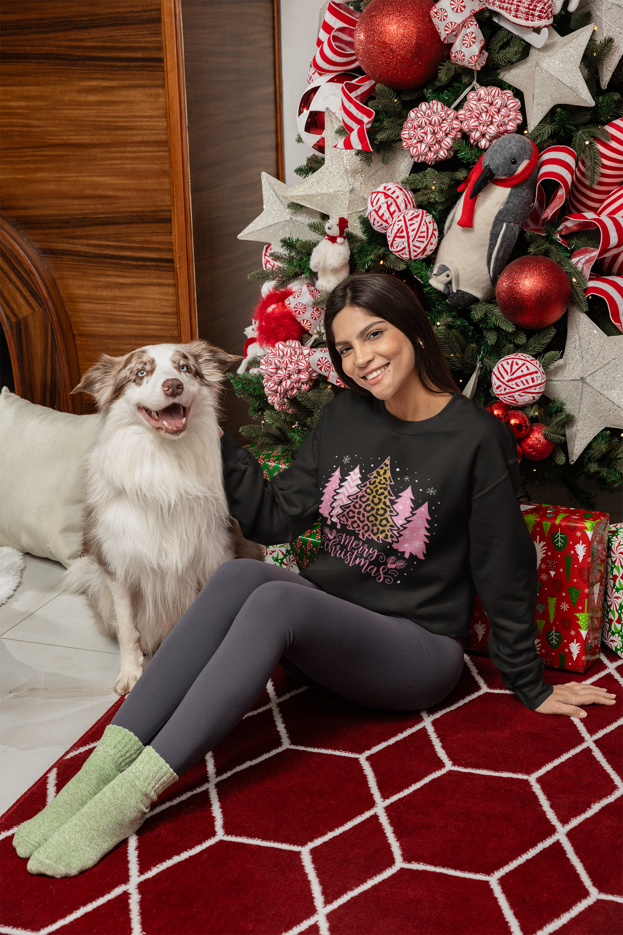 Christmas Sweatshirt — Pink Leopard Tree "Merry Christmas" Crewneck
