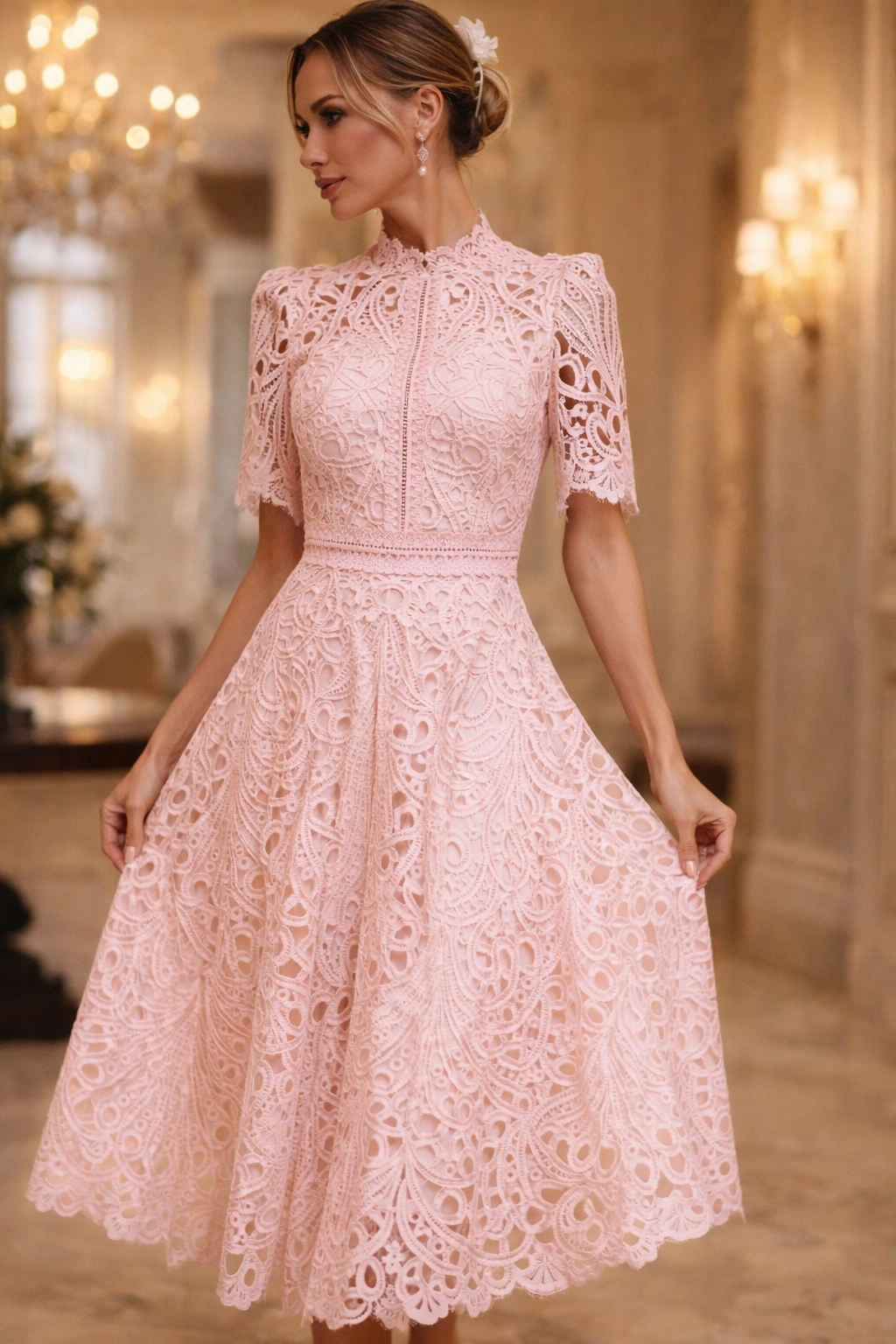 Lace Midi Dress – Elegant Embroidered A-Line Dress with Sheer Short Sleeves and Fitted Waist for Weddings, Bridal Events & Parties