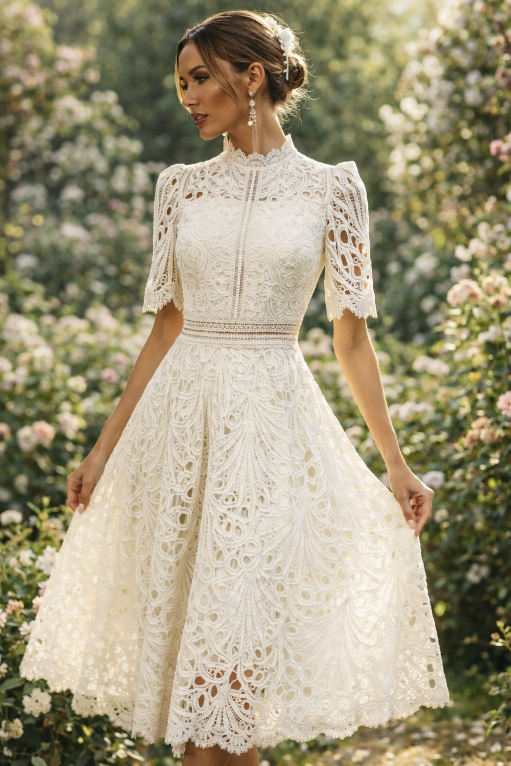 Lace Midi Dress – Elegant Embroidered A-Line Dress with Sheer Short Sleeves and Fitted Waist for Weddings, Bridal Events & Parties