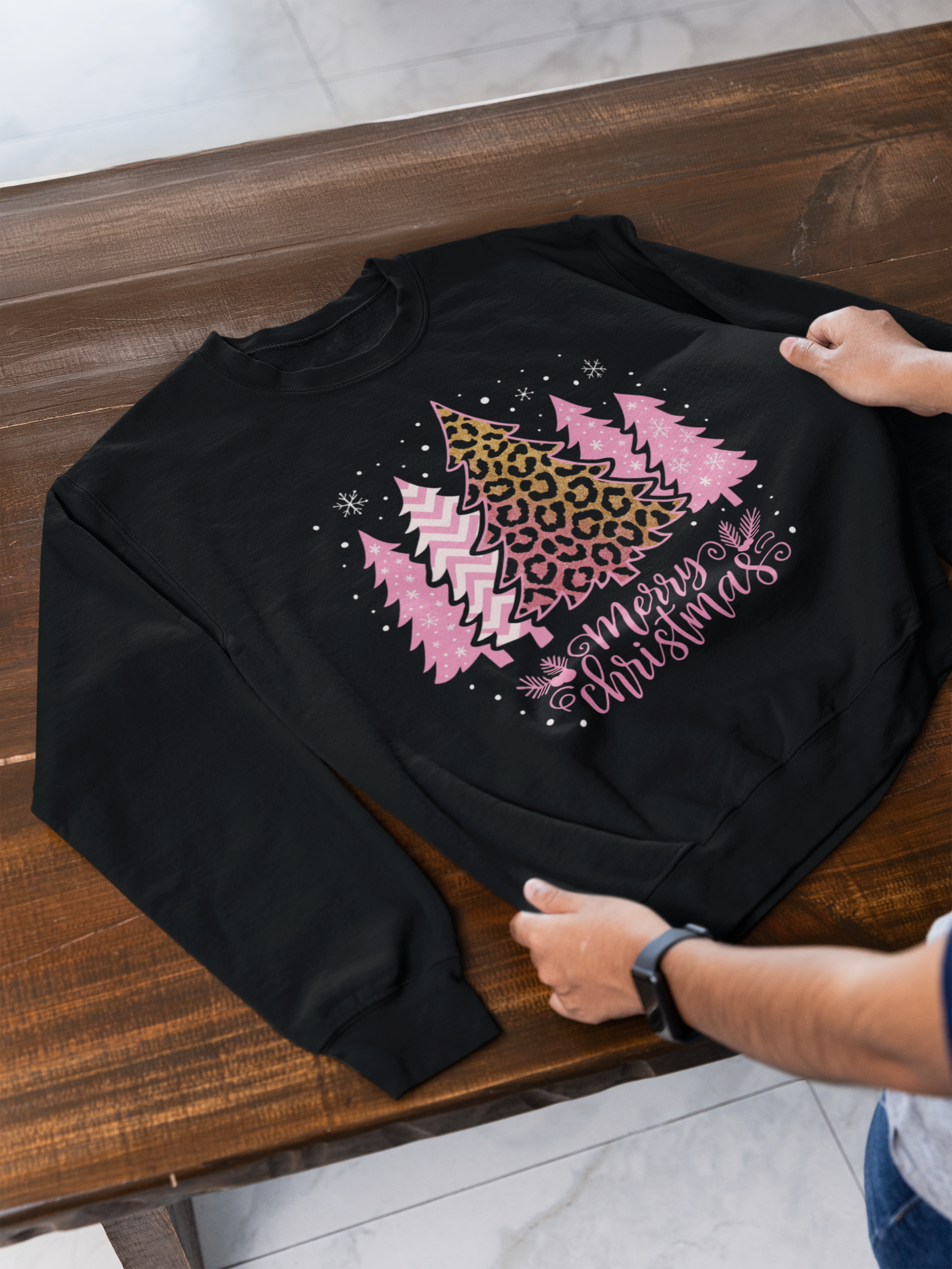 Christmas Sweatshirt — Pink Leopard Tree "Merry Christmas" Crewneck