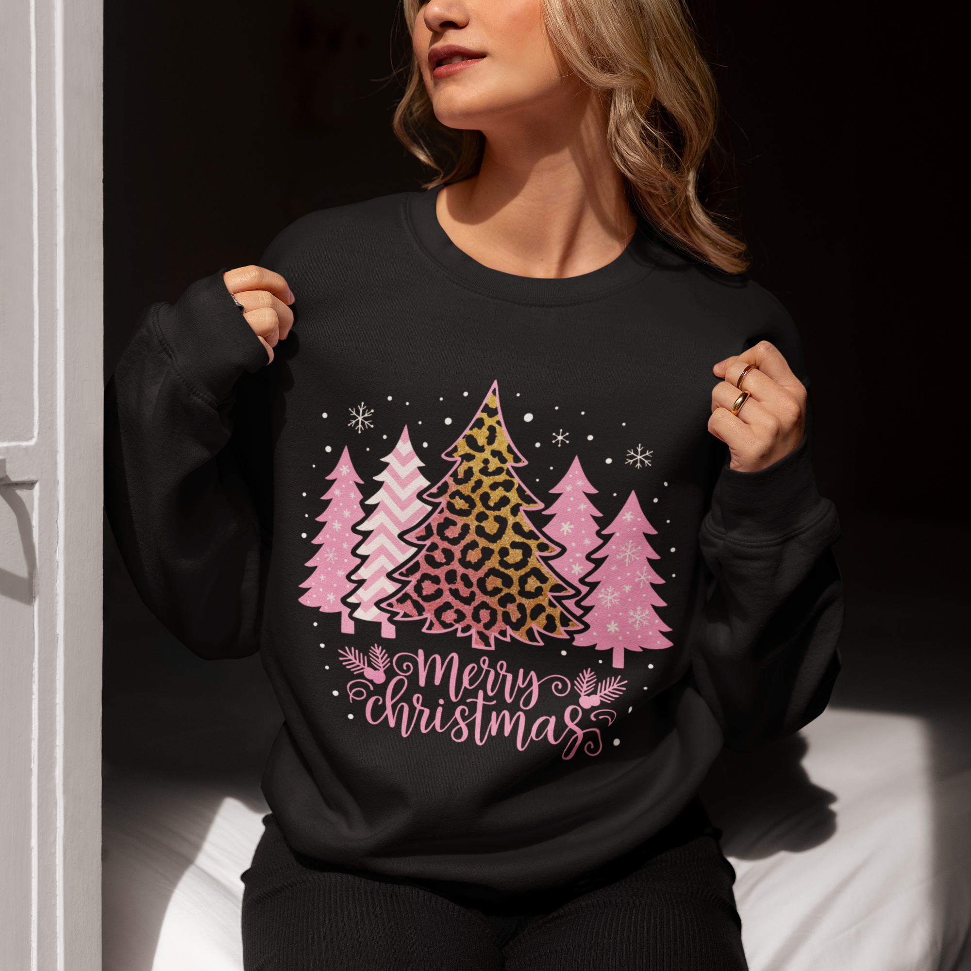 Christmas Sweatshirt — Pink Leopard Tree "Merry Christmas" Crewneck
